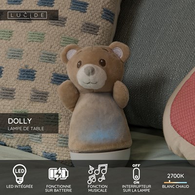 Lucide DOLLY - Lampe de table Chambres d'enfant - Piles - LED - 1x3W 2700K - Avec fonctionnalité musicale - Brun